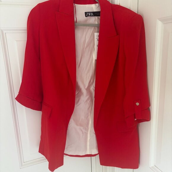 Zara Red Blazer with Rolled Sleeves - Picture 2 of 5